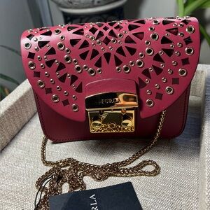 Furla Metropolis Bolero Red Laser Cut Leather Crossbody Clutch Bag